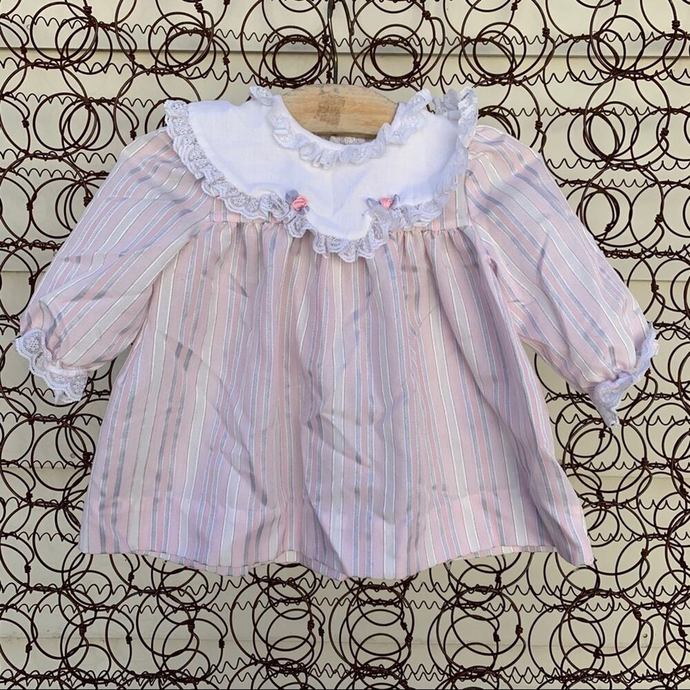 Vintage 80s 90s Designer Collection pink stripe dress ruffle collar 24 MONTH